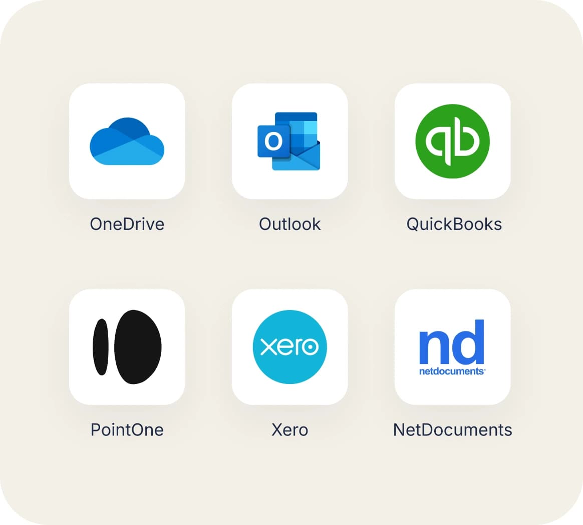 PointOne integrates with OneDrive, Outlook, QuickBooks, Xero and NetDocuments