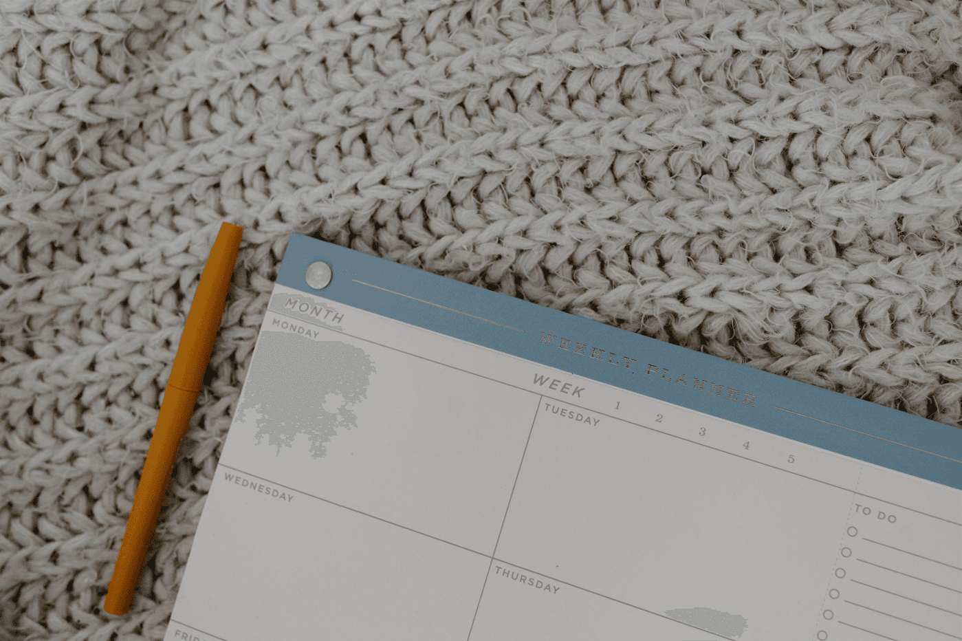 monthly planner and a pen