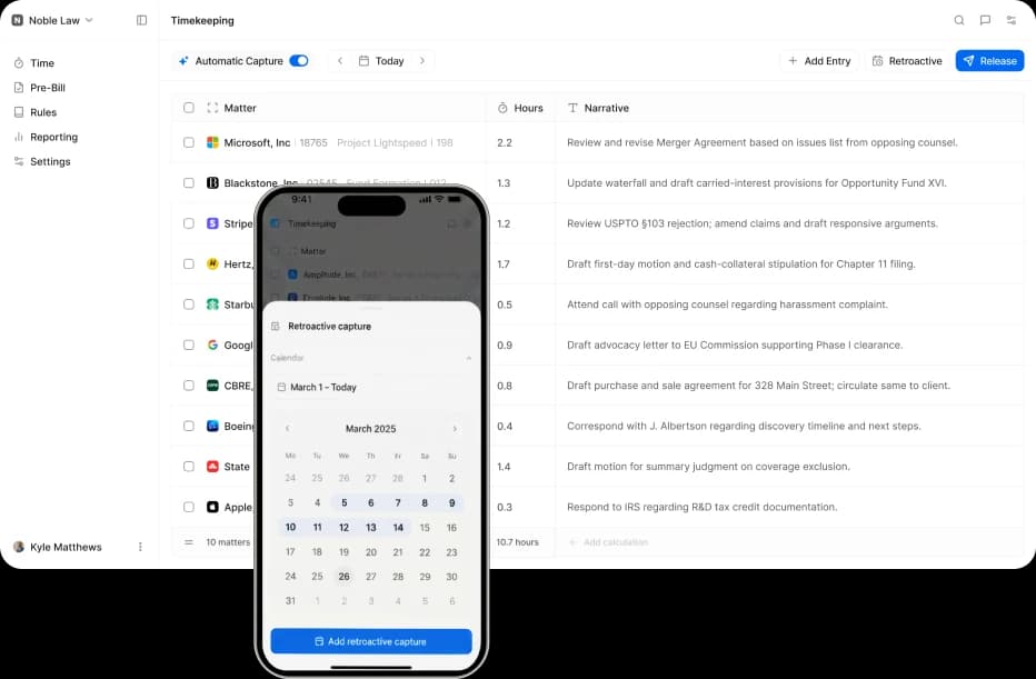 PointOne timekeeping connected to Tabs3 on desktop and mobile